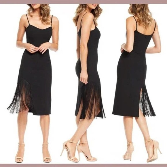 Dress The Population Rory Eye-Catching Fringe Midi Dress Black Women's L NWT - Picture 1 of 10